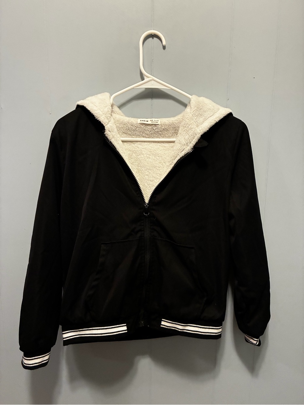 SHEIN Black Bomber Jacket with White Sherpa Hood